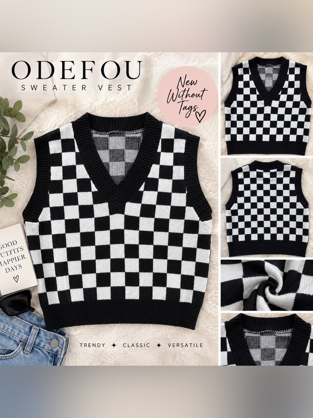 Odefou Black White Checkered V-Neck Sweater Vest